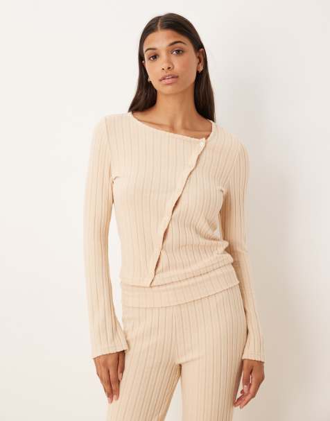 ASOS DESIGN wide rib knit asymmetric cardigan in stone - view 1