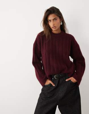 Asos Design Wide Rib Knit Boxy Crew Neck Sweater In Burgundy
