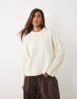 Asos Design Wide Rib Knit Boxy Crew Neck Sweater In White