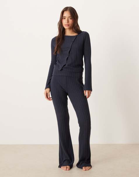 ASOS DESIGN wide rib knit fold over wide leg pants in navy - view 1