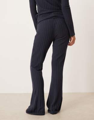 Asos Design Wide Rib Knit Fold Over Wide Leg Pants In Blue