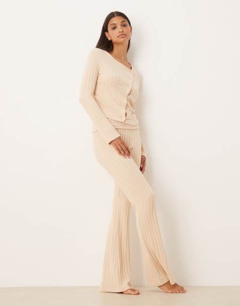 ASOS DESIGN wide rib knit fold over wide leg pants in stone - view 1
