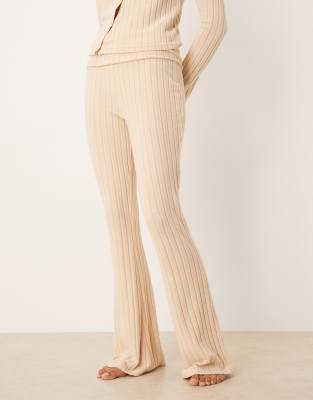 Asos Design Wide Rib Knit Fold Over Wide Leg Pants In Neutral