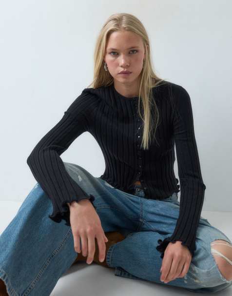 ASOS DESIGN wide rib knit frill cuff and hem cardigan in black - view 1