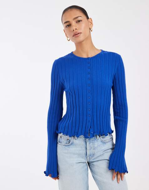 ASOS DESIGN wide rib knit frill cuff and hem cardigan in cobalt blue - view 1