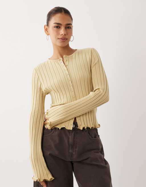 トップス ORGUE Frill hem knit cardigan ASOS DESIGN wide rib knit frill cuff and hem cardigan in yellow | ASOS