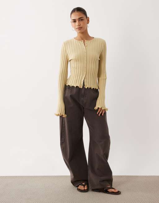 ASOS DESIGN wide rib knit frill cuff and hem cardigan in yellow | ASOS