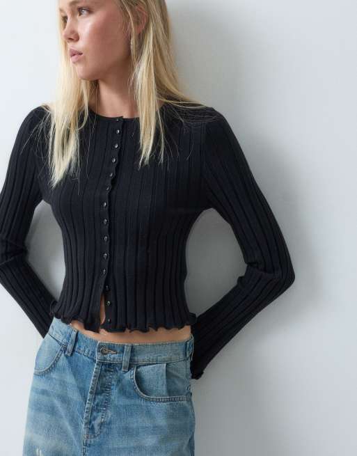 ASOS DESIGN wide rib knit frill cuff and hem cardigan in yellow, 5 of 5