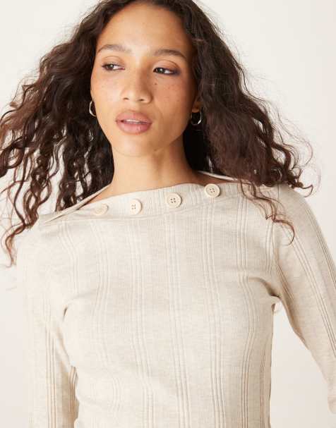ASOS DESIGN wide rib knit long sleeve top with button detailing in cream - view 1