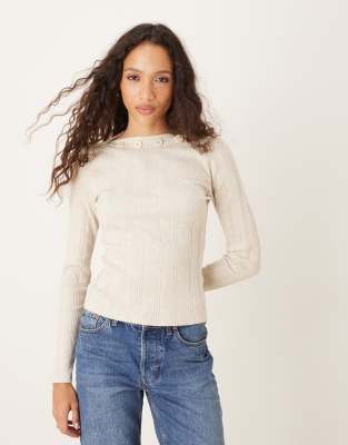 Asos Design Wide Rib Knit Long Sleeve Top With Button Detailing In Neutral