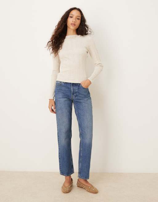 ASOS DESIGN wide rib knit long sleeve top with button detailing in cream