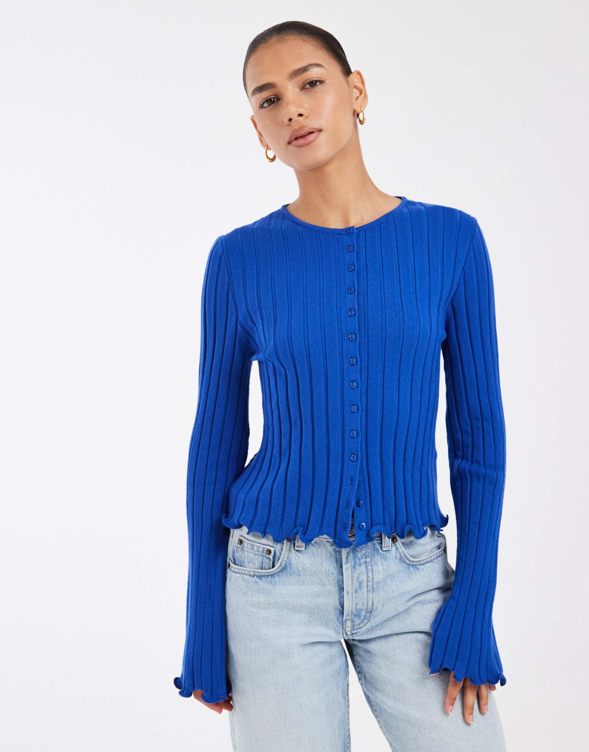 asos design wide rib knit ruffle cuff and hem cardigan in cobalt blue
