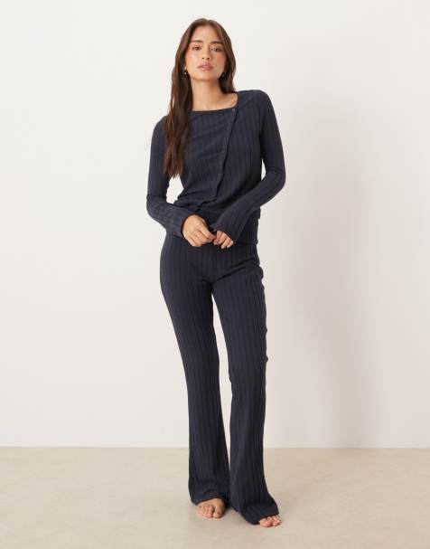 ASOS DESIGN wide rib lounge set in navy - view 1