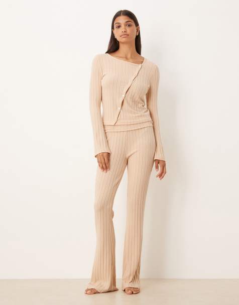 ASOS DESIGN wide rib loungewear in stone - view 1