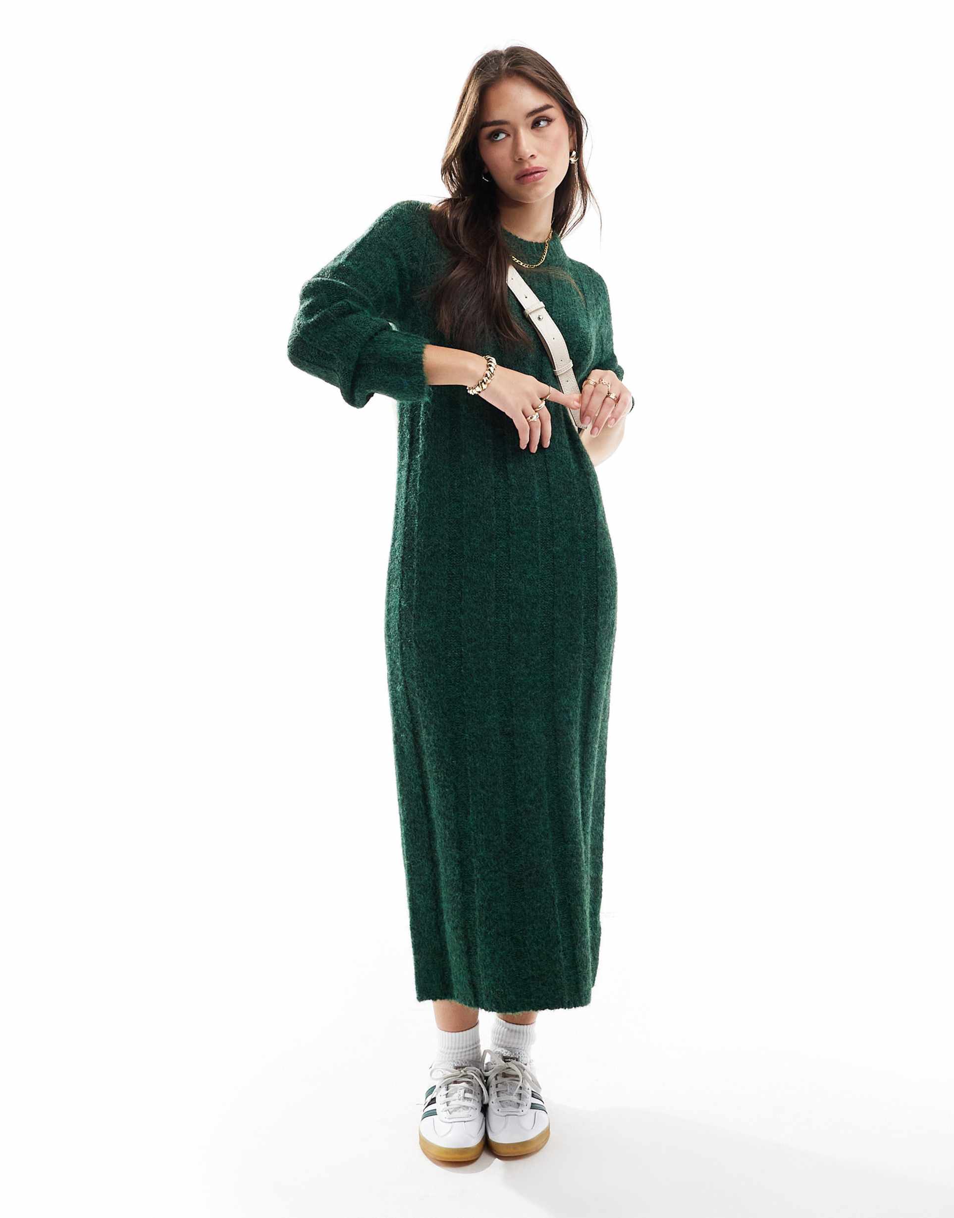 asos design wide rib midaxi dress in dark green