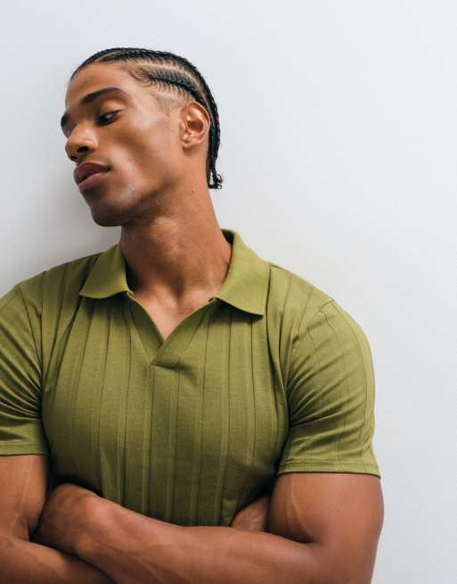 ASOS DESIGN wide rib muscle fit polo in khaki, 4 of 5
