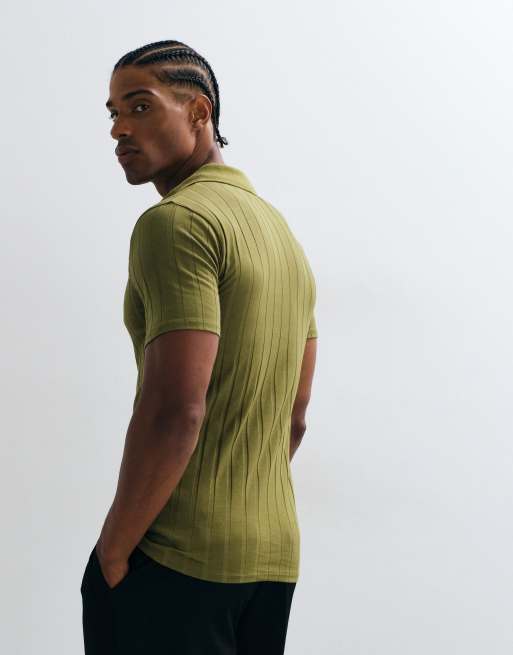 ASOS DESIGN wide rib muscle fit polo in khaki, 5 of 5