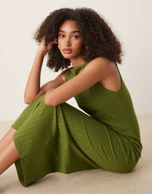 ASOS DESIGN wide rib sleeveless boat neck midi dress in khaki