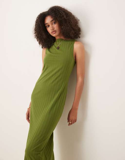 ASOS DESIGN wide rib sleeveless boat neck midi dress in khaki