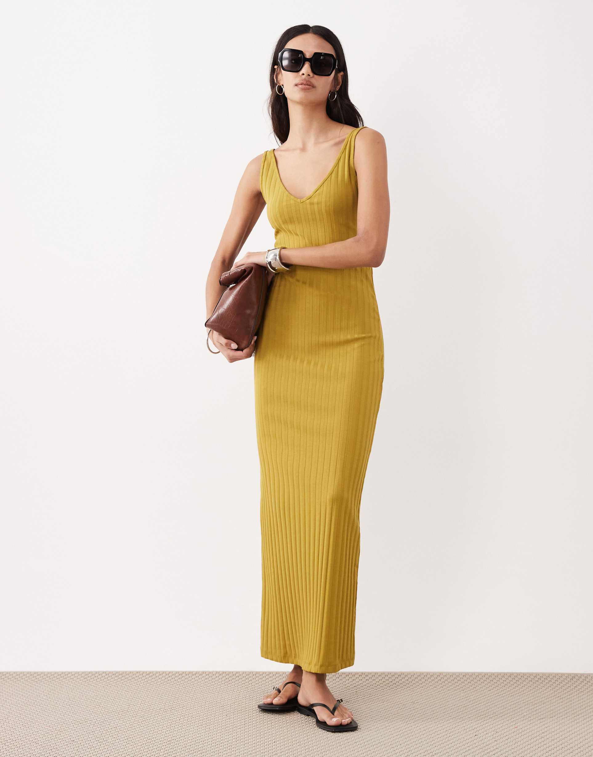 asos design wide rib sleeveless v neck midi dress in mustard