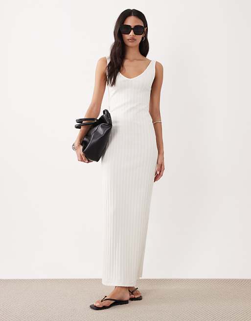 ASOS DESIGN wide rib sleeveless V neck midi dress in neutral