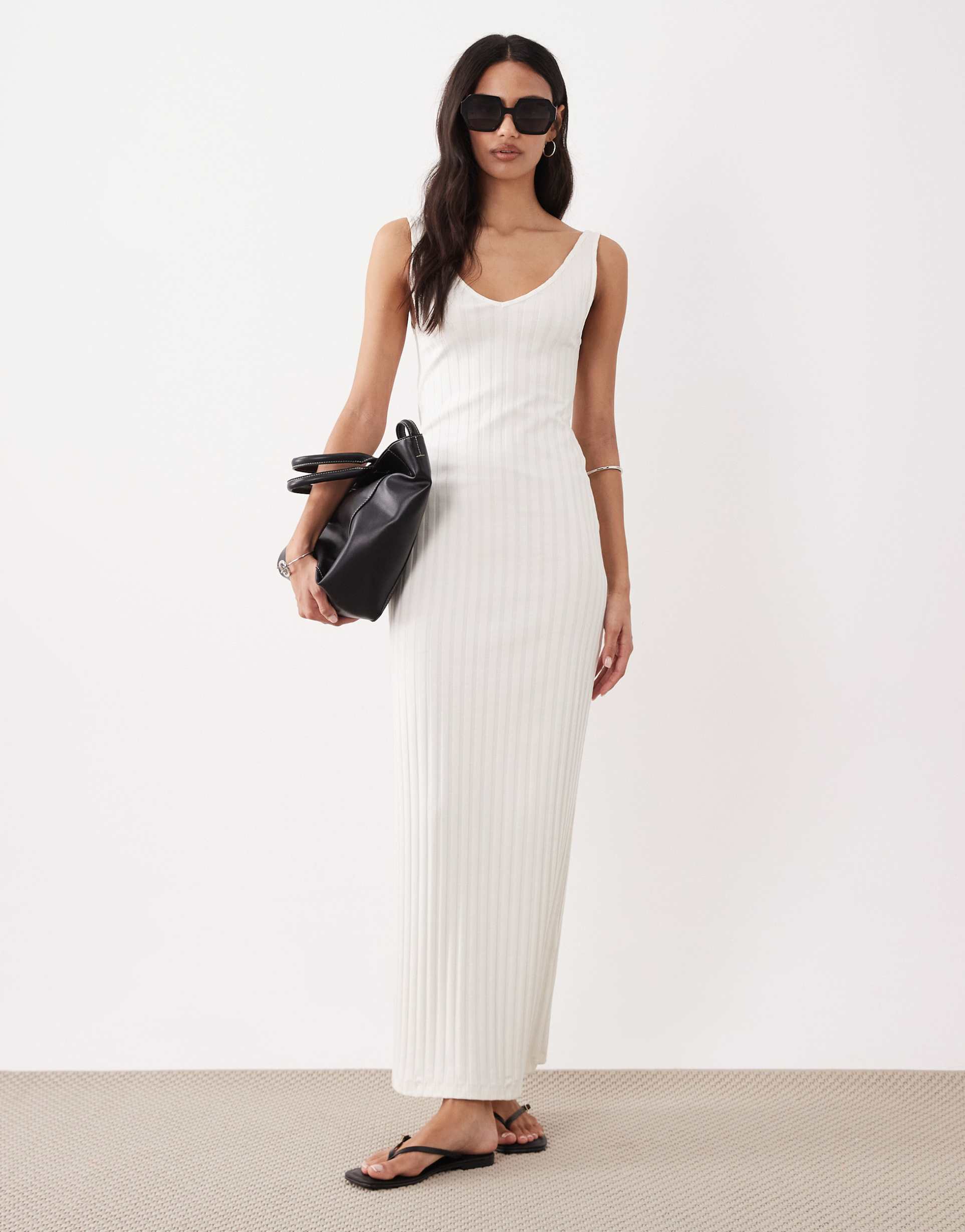 asos design wide rib sleeveless v neck midi dress in neutral