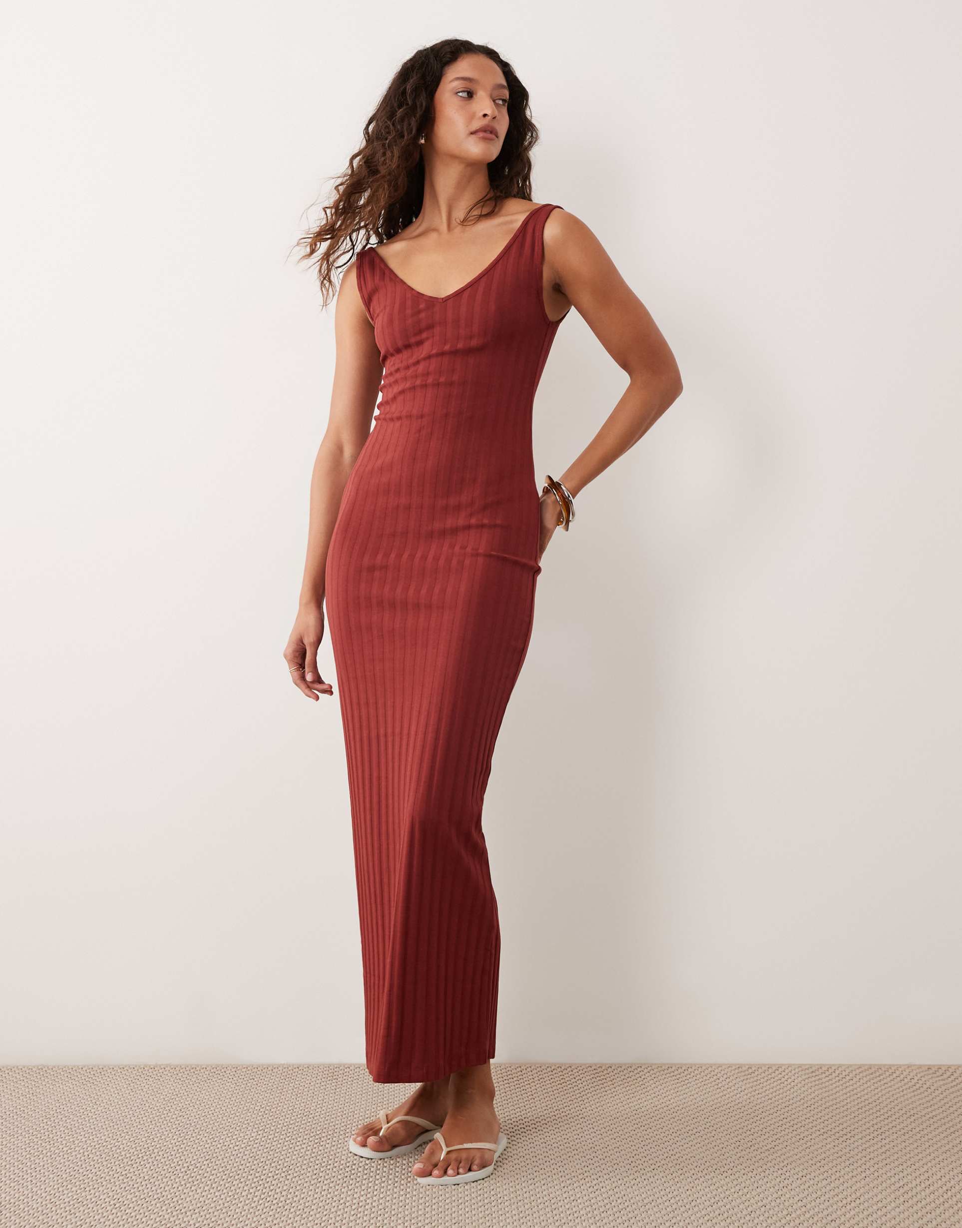 asos design wide rib sleeveless v-neck midi dress in rust