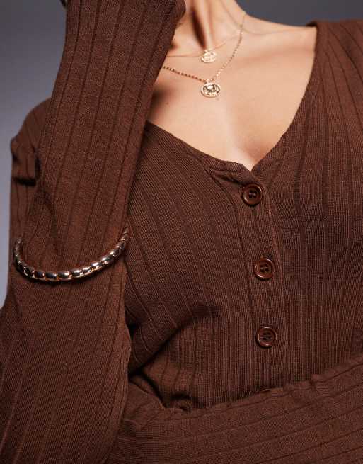 ASOS DESIGN wide rib v neck button up top in chocolate (part of a set), 3 of 4