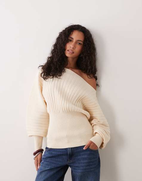 ASOS DESIGN wide ribbed off the shoulder cinched waist jumper in cream - view 1