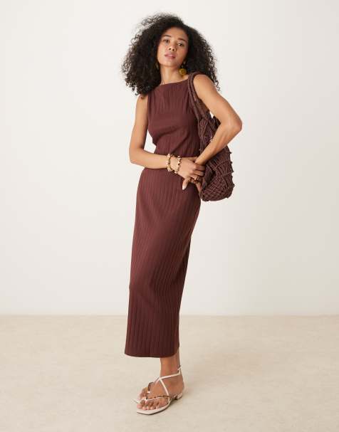 ASOS DESIGN wide ribbed sleeveless boat neck midi dress in chocolate - view 1