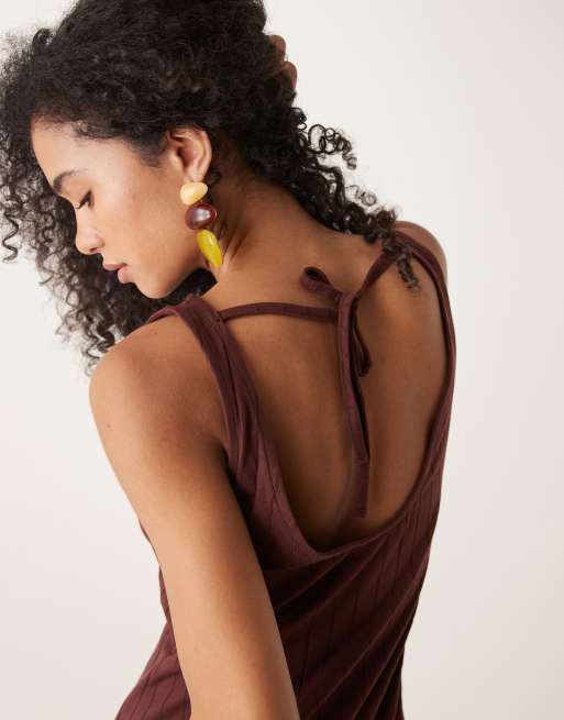 ASOS DESIGN wide ribbed sleeveless boat neck midi dress in chocolate