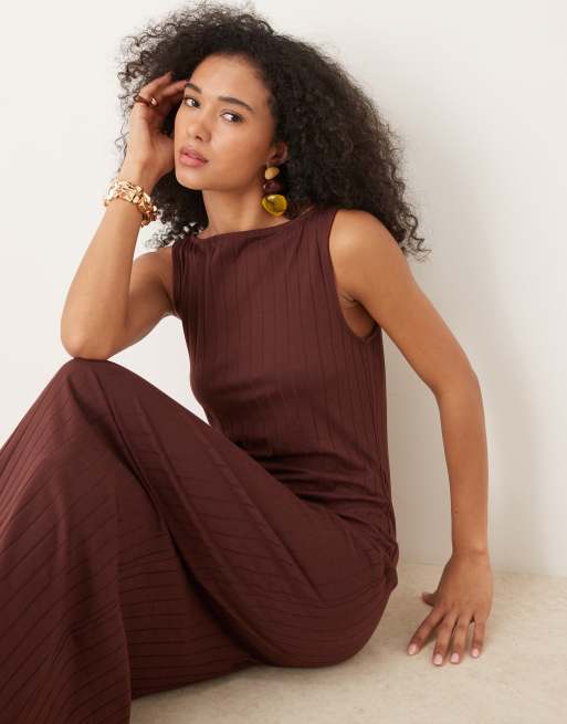 ASOS DESIGN wide ribbed sleeveless boat neck midi dress in chocolate