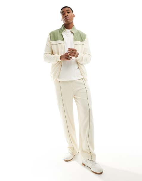 ASOS DESIGN wide ribbed velour trackies in off white with green detail - view 1
