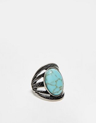 ASOS DESIGN wide ring with faux turquoise stone in burnished silver tone