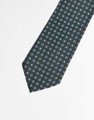 Asos Design Wide Satin Tie With Vintage Print In Green