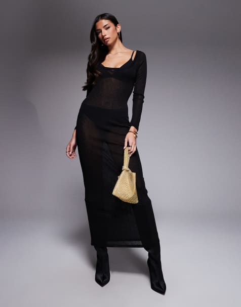 ASOS DESIGN wide scoop gauzy sheer mesh maxi dress in black - view 1