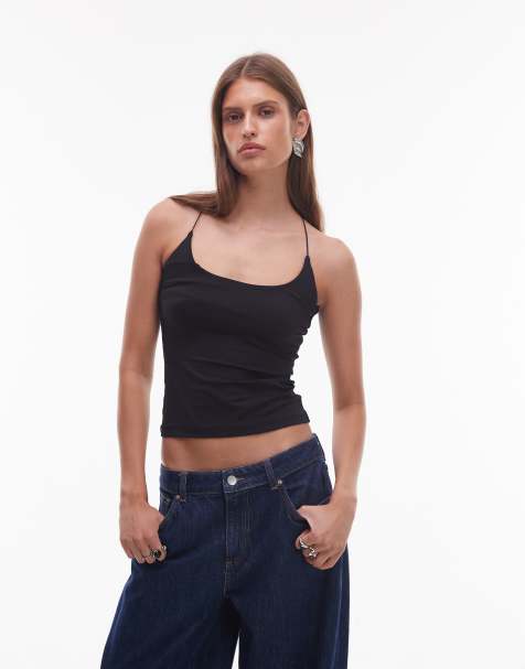 ASOS DESIGN wide scoop neck polyamide vest in black - view 1