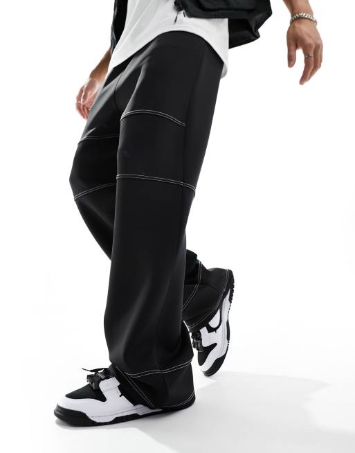 ASOS DESIGN wide scuba joggers in black with contrast stitch - BLACK