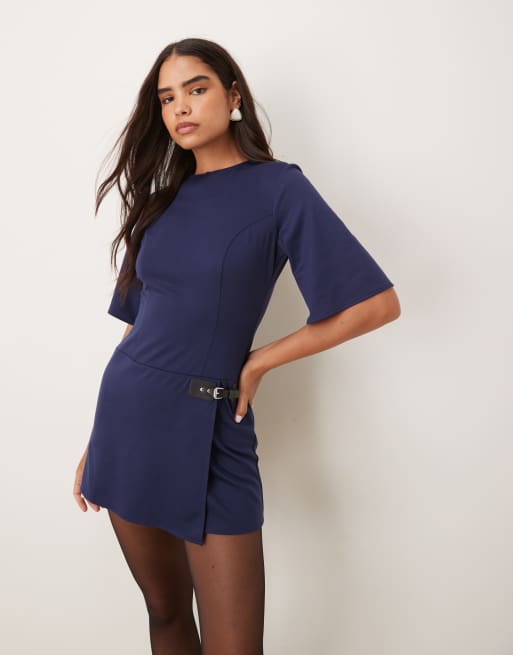ASOS DESIGN wide short sleeve mini dress with side buckle in navy