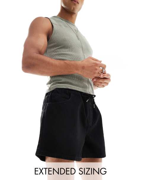 ASOS DESIGN wide shorter length denim shorts with elasticated waist in black - view 1