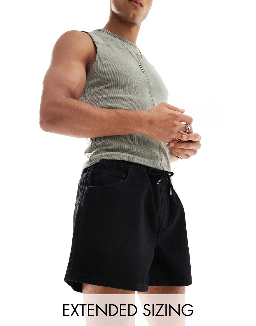 ASOS DESIGN wide shorter length denim shorts with elasticated waist in black