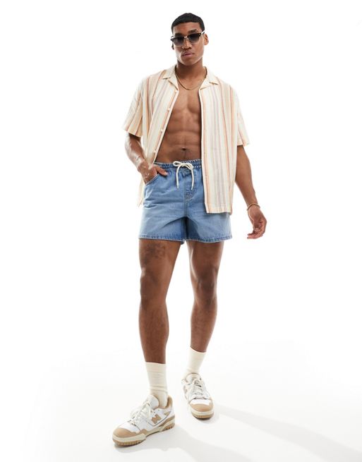 FhyzicsShops DESIGN wide shorter length denim shorts with elasticated waist in mid wash blue