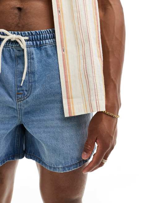 ASOS DESIGN wide shorter length denim shorts with elasticized waist in mid wash blue, 2 of 5