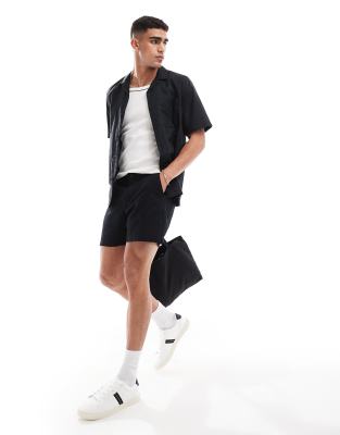 Asos Design Wide Regular Length Linen Shorts With Fixed Waist In Black