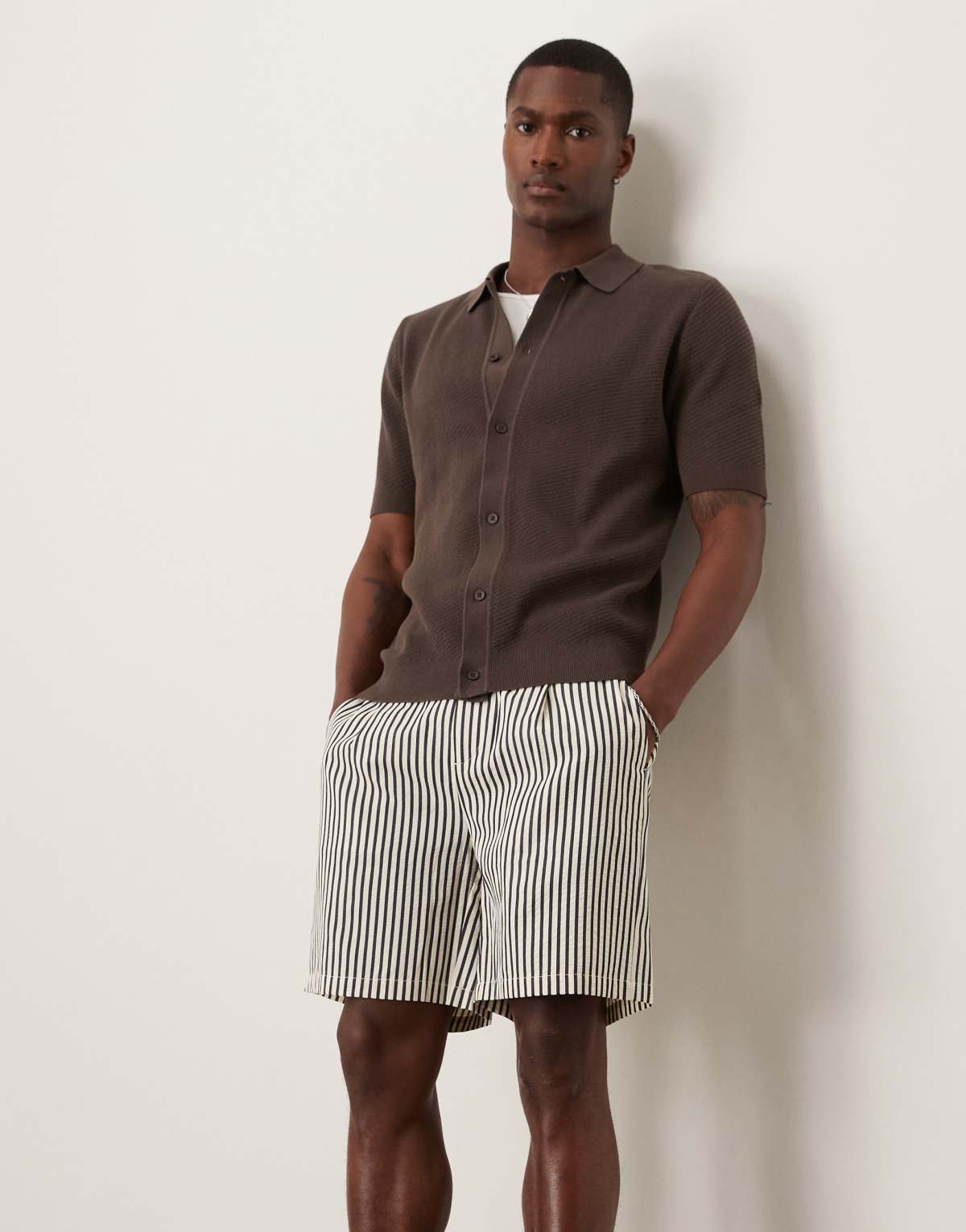 ASOS DESIGN wide shorter length short in ecru and navy stripe