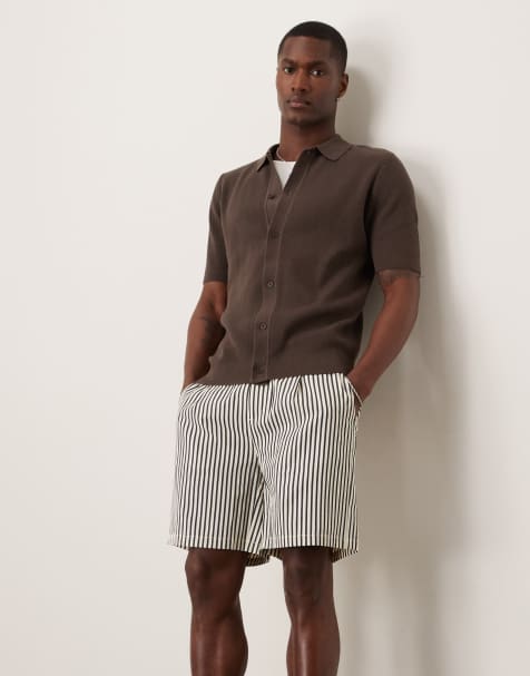 ASOS DESIGN wide shorter length shorts in ecru and navy stripe - view 1