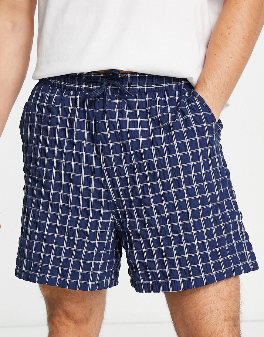 Asos Design Wide Shorts In Textured Navy Check