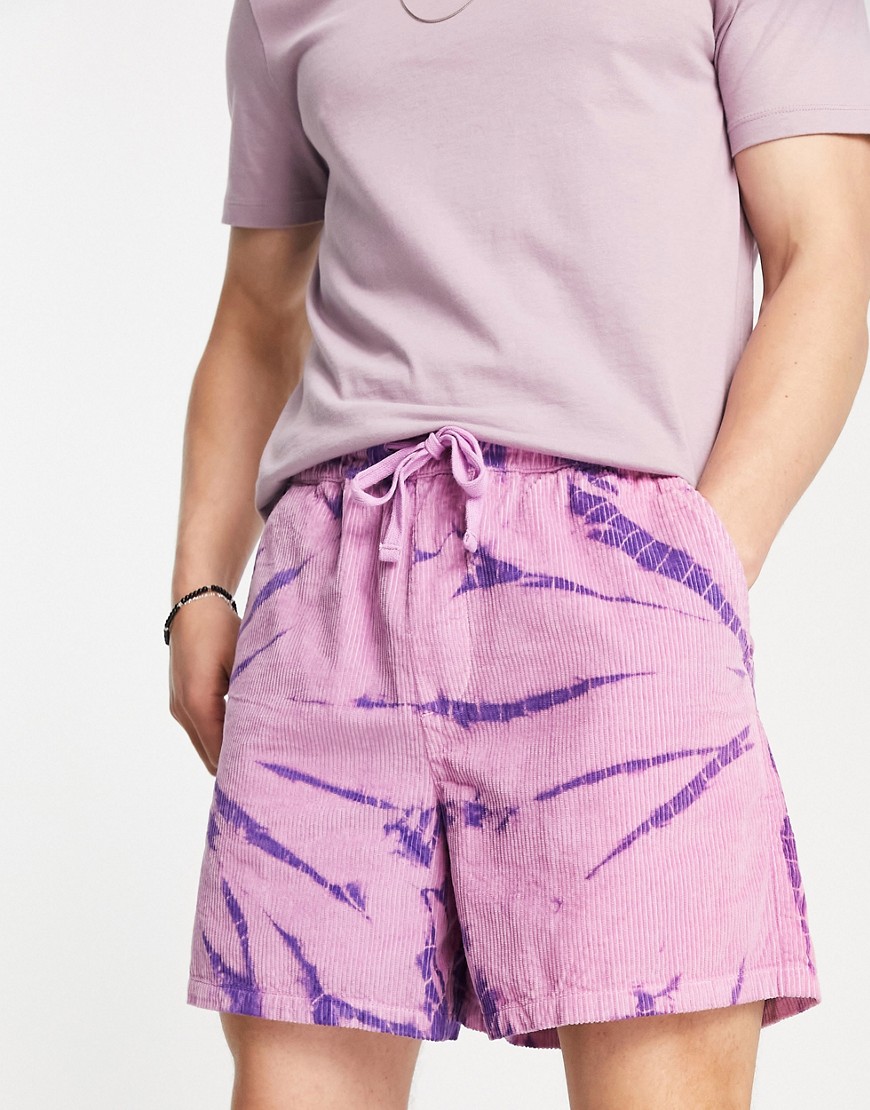 ASOS DESIGN wide shorts in tie dye pink cord