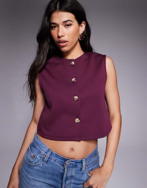 ASOS DESIGN wide shoulder boxy cropped vest in fig