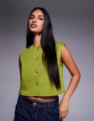 Asos Design Wide Shoulder Boxy Cropped Vest In Green
